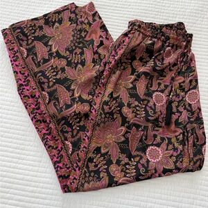 Chelsea & Theodore Black Wide-Leg Pants with Pink and Gold Paisley